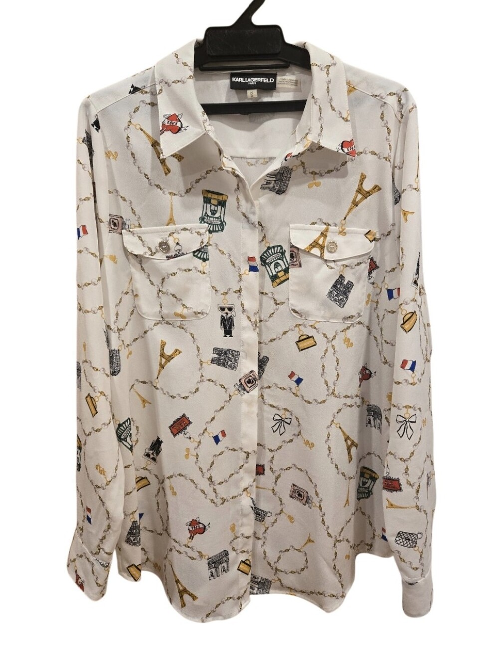 NWOT Karl Laserfeld Eiffel Tower / pearl chain / White Button down Blouse Size M